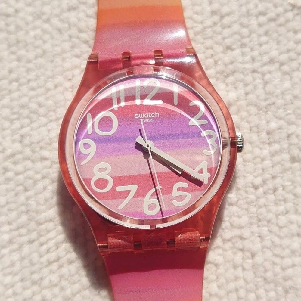 Swatch GP140 Unisex Astilbe Originals Silicone Strap Pink Plastic Watch Working